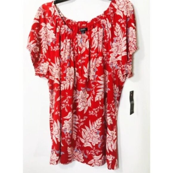 Chaps Womens Red Floral Off Shoulder Short Sleeve Button Top Plus Sz 1X New - Picture 3 of 9